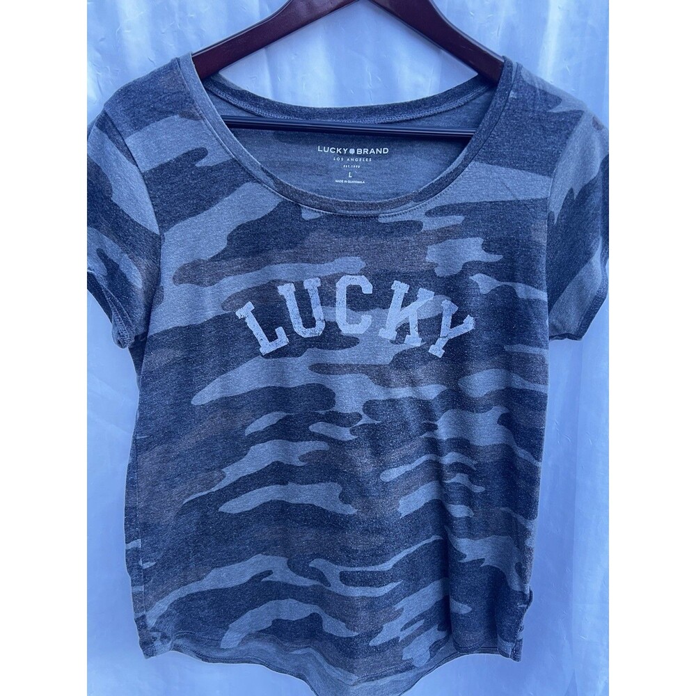 Lucky Brand Camo Graphic Tee Womens Large Gray Soft Short Sleeve Casual Shirt